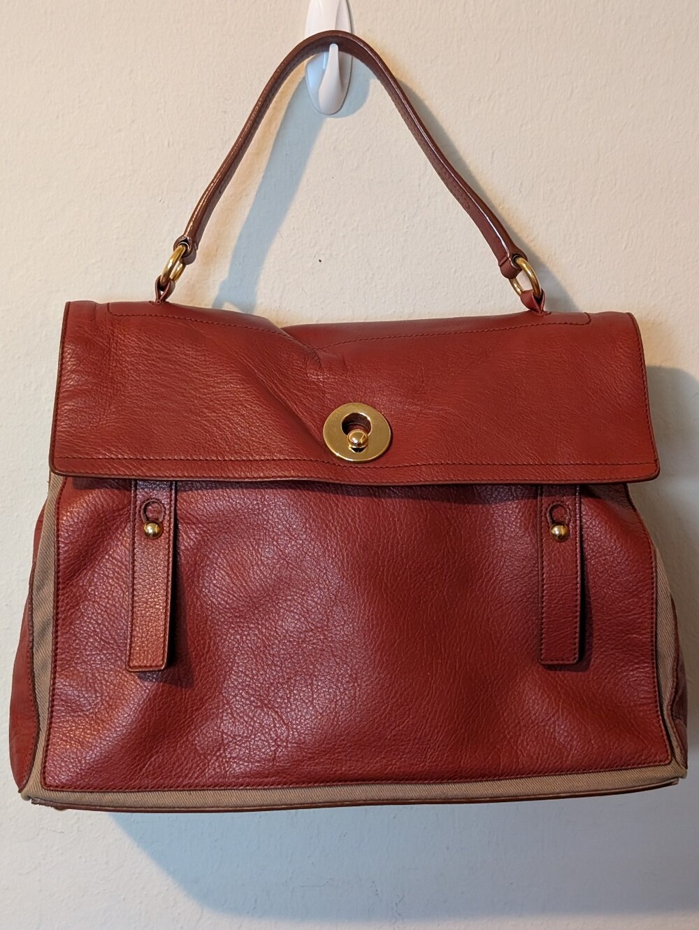 Yves Saint Laurent YSL Red Muse Two Leather Handbag White Cloth Pony-style calfs